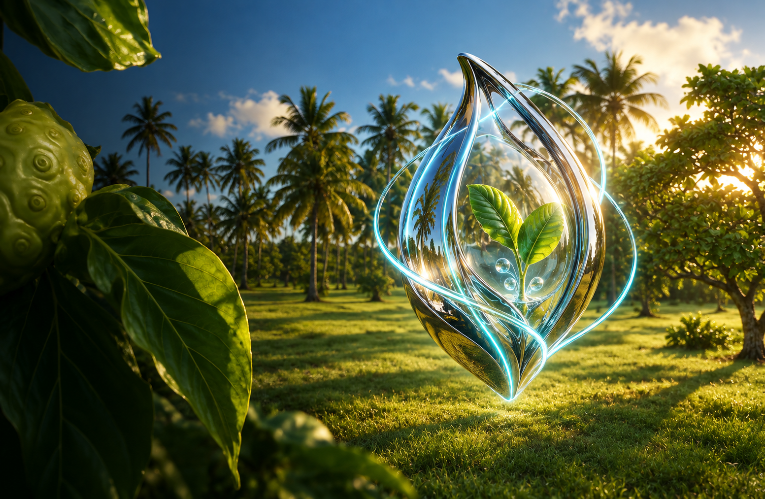 Chrome and glass AI Grower leaf sculpture among palms and noni in a Pacific island orchard