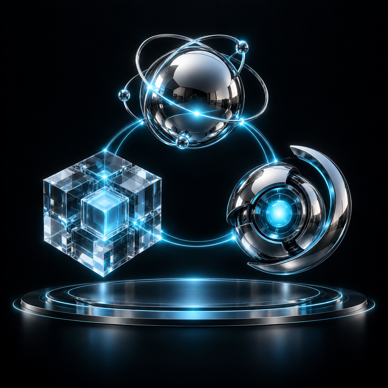 Three connected chrome and glass intelligence forms representing the iEcosystems Agentic AI FDE Team