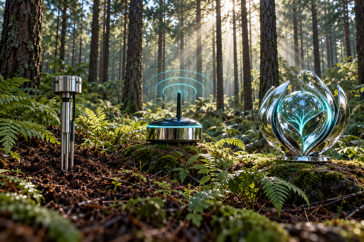 Illustrative moisture probe, wireless sensor gateway and AI Forest Agent in a New Zealand pine forest